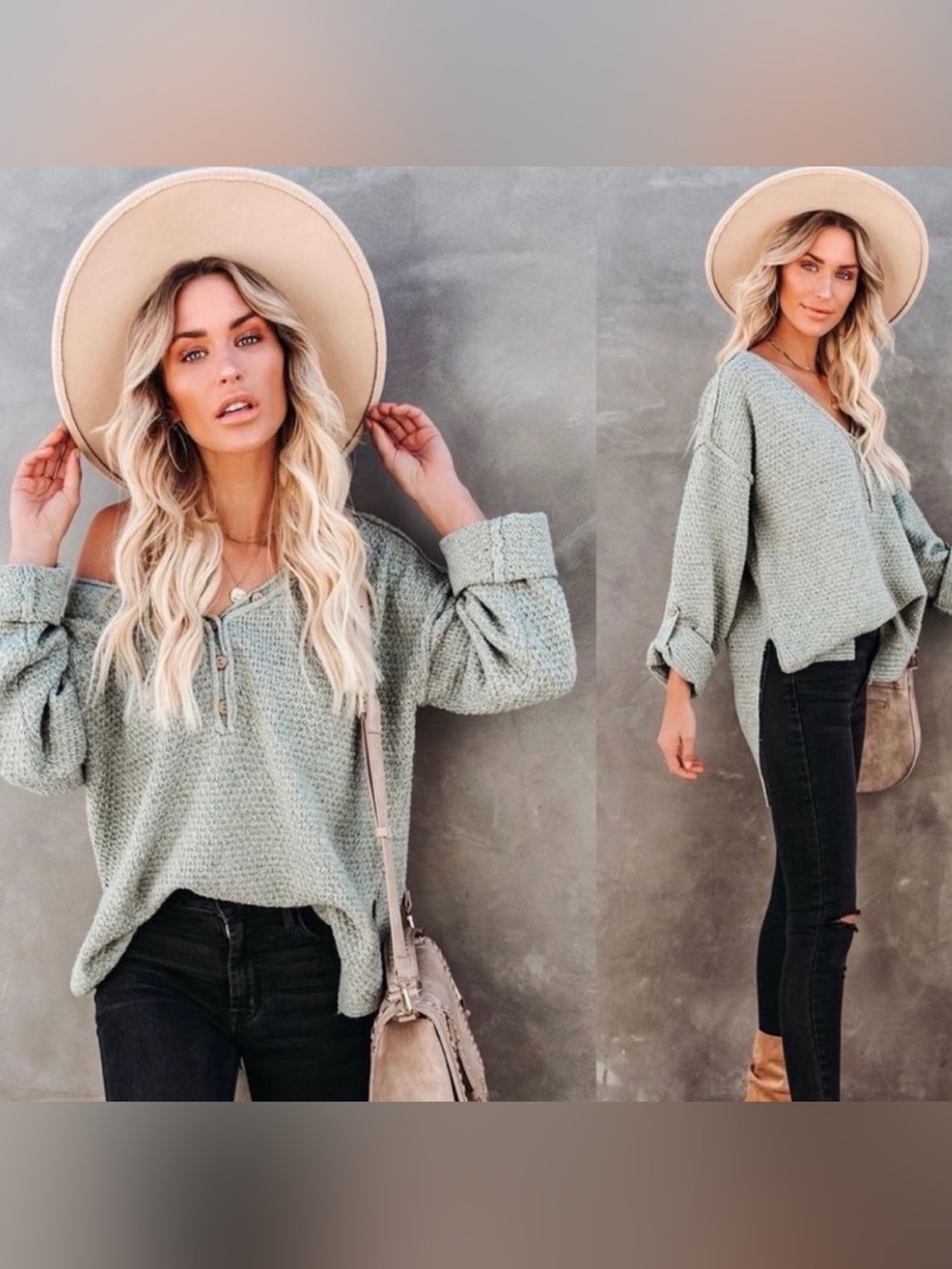 Vici Laurel Oversized Knit Roll-Up Henley Sweater - Picture 2 of 10